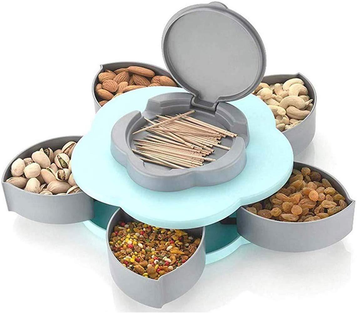 5 Compartments Flower Candy Box | Rotating Serving Tray | Dry Fruit & Spice Set (Plastic, Green)