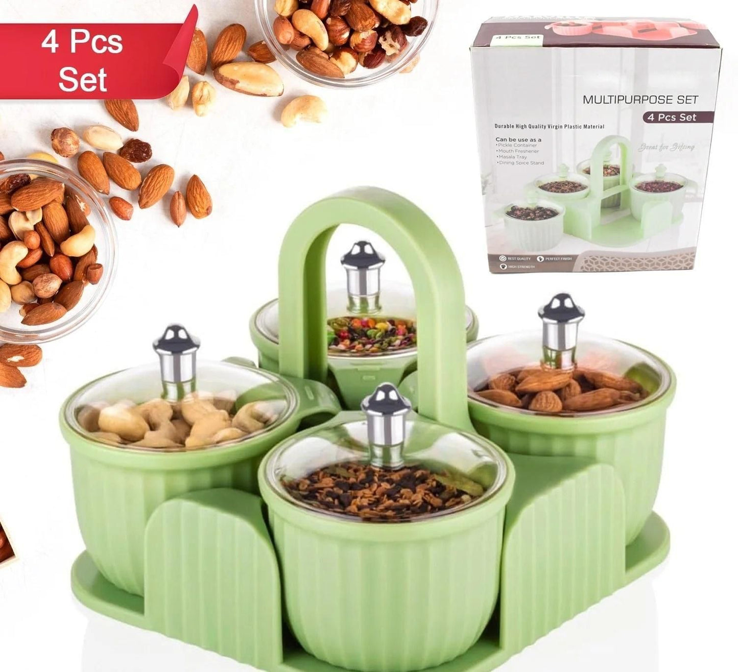 Multipurpose Storage Jar Set with Tray – 4 Pcs Organizer for Kitchen & Dining 🍬🍴