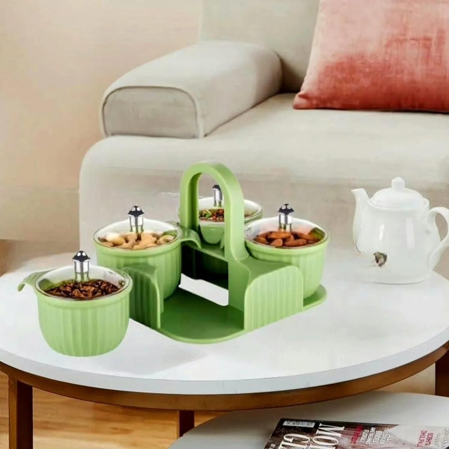 Multipurpose Storage Jar Set with Tray – 4 Pcs Organizer for Kitchen & Dining 🍬🍴