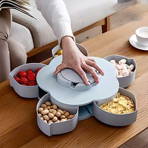 5 Compartments Flower Candy Box | Rotating Serving Tray | Dry Fruit & Spice Set (Plastic, Green)