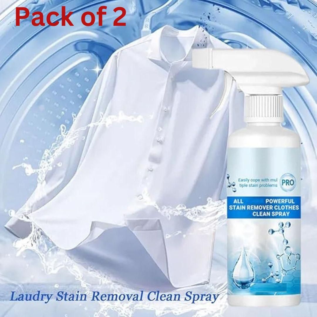 Pack of 2 laundry stain removal spray bottles with a white shirt in the background.