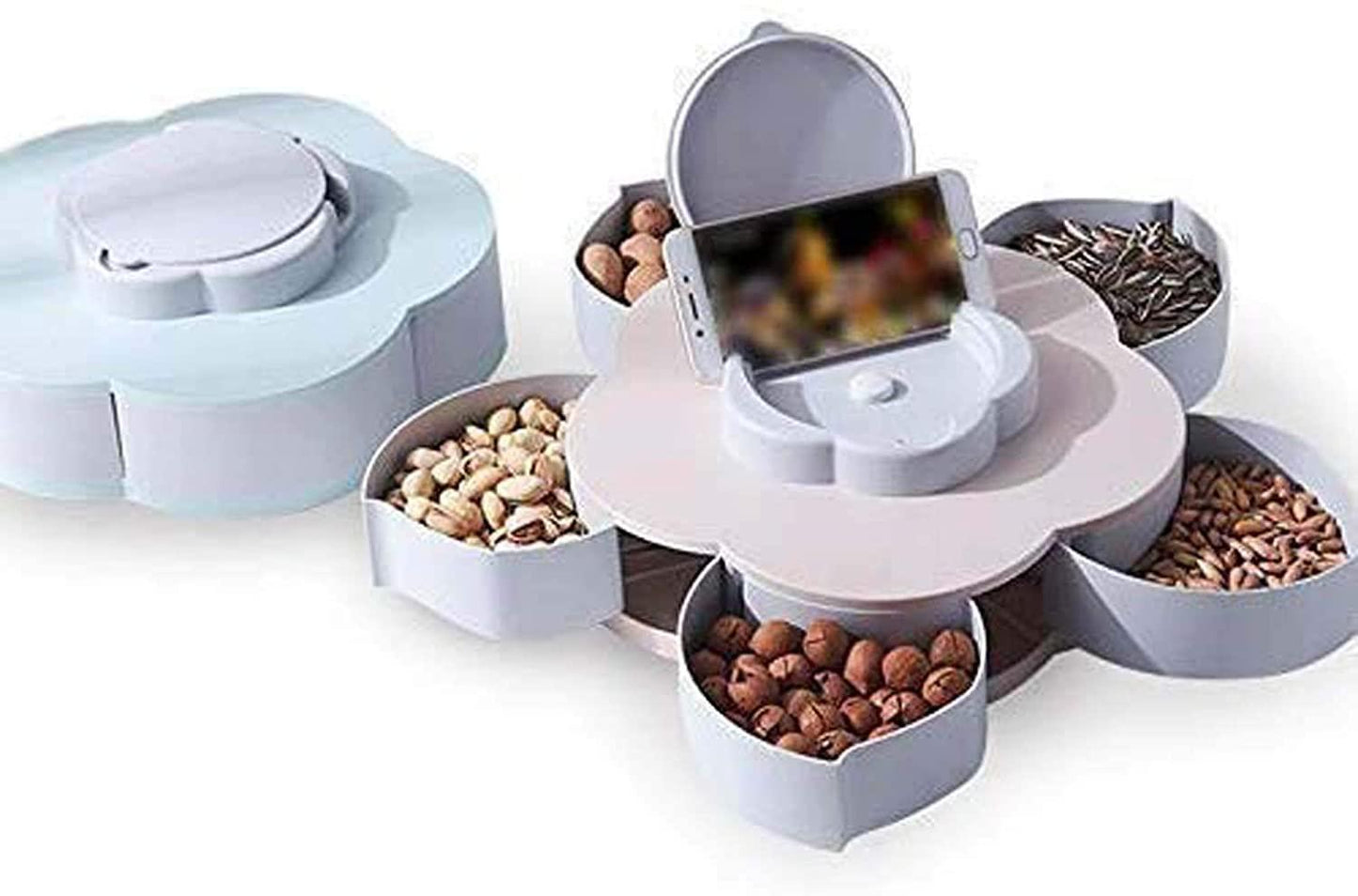 5 Compartments Flower Candy Box | Rotating Serving Tray | Dry Fruit & Spice Set (Plastic, Green)