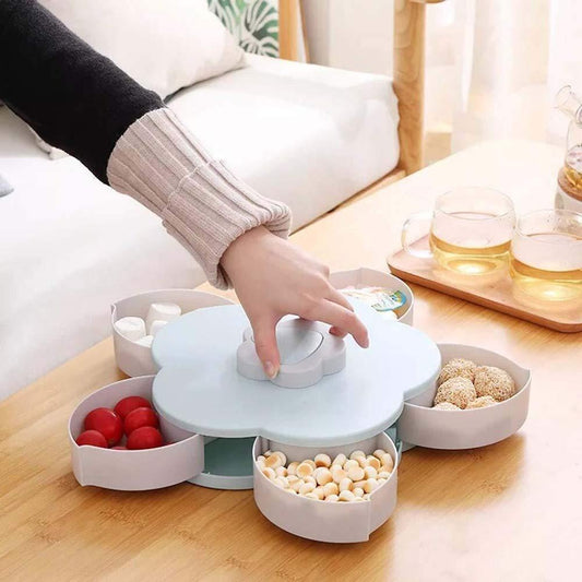 5 Compartments Flower Candy Box | Rotating Serving Tray | Dry Fruit & Spice Set (Plastic, Green)